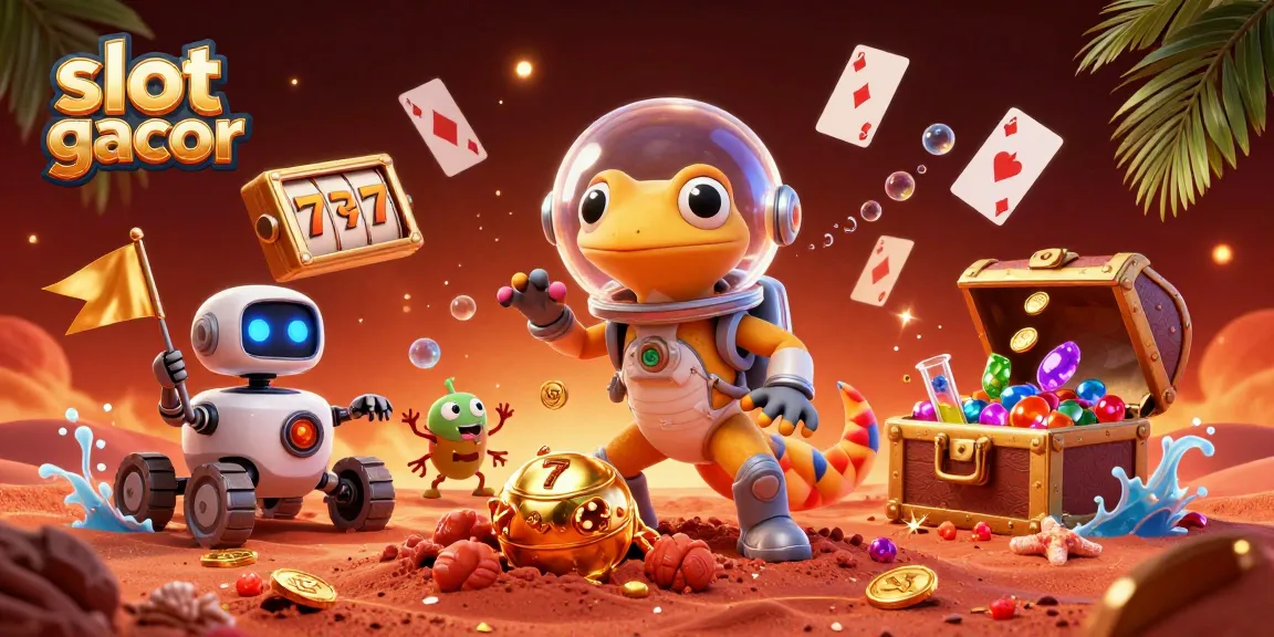 Engaging illustration of a Martian gecko uncovering a golden casino with vibrant slot gacor elements.