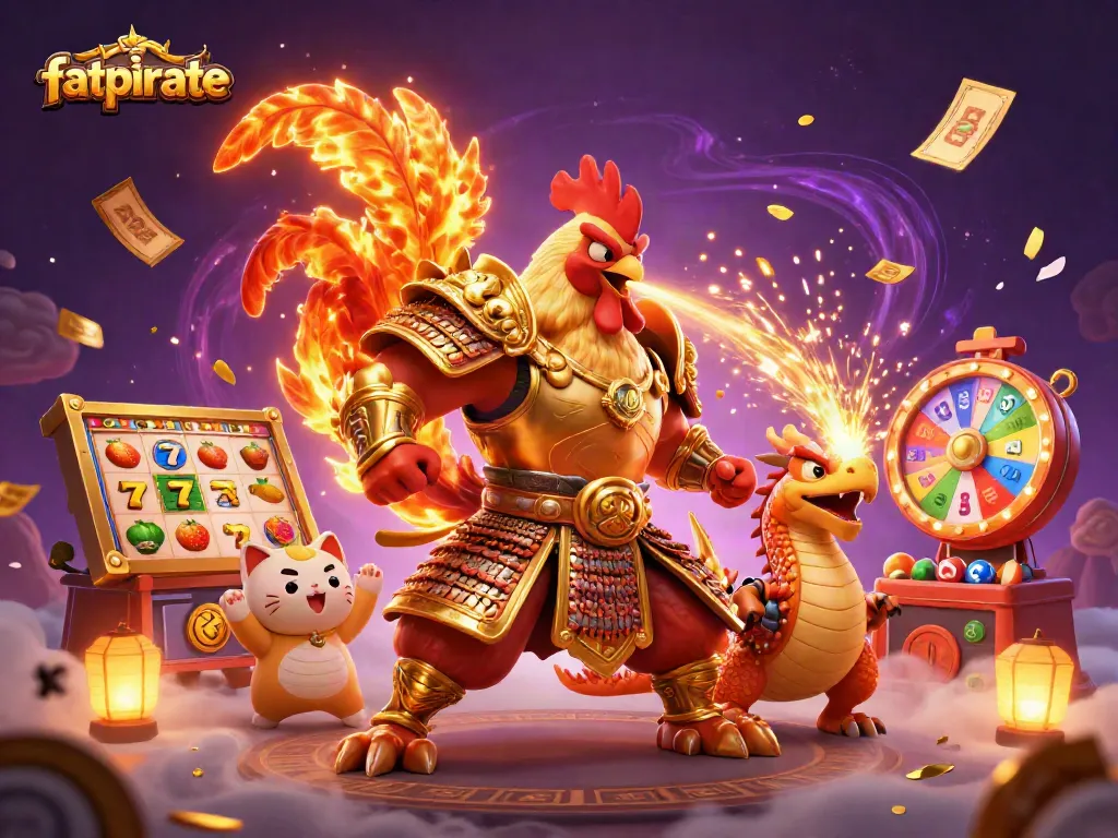 Feel the excitement at FatPirate as a fierce rooster warrior and dragon hatchling battle through colorful slot reels and dynamic game elements.