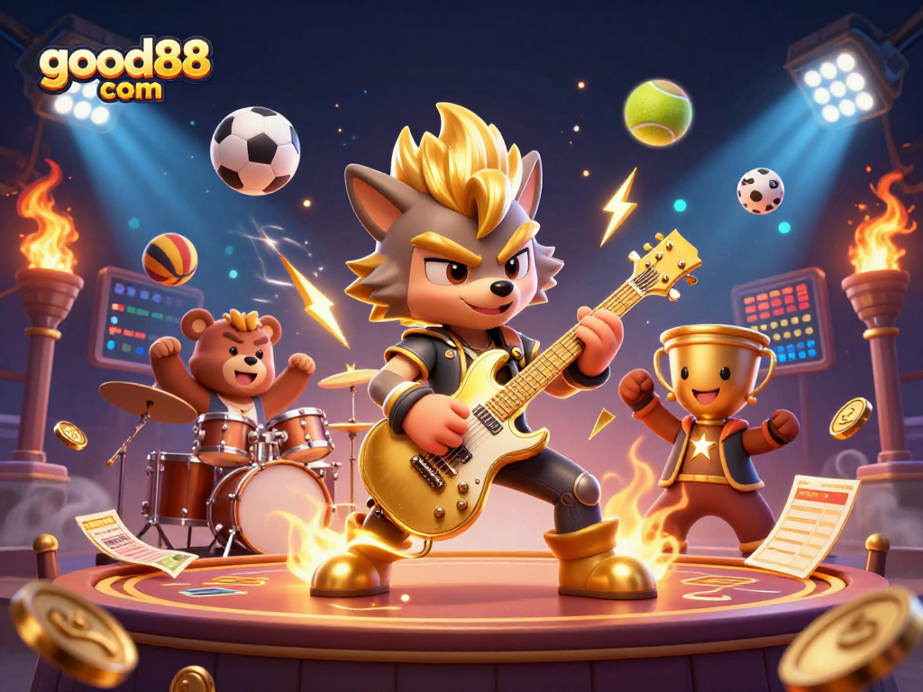 Experience thrilling wins at good88 com with a wolf rock star and a bear drummer in a vibrant casino scene.