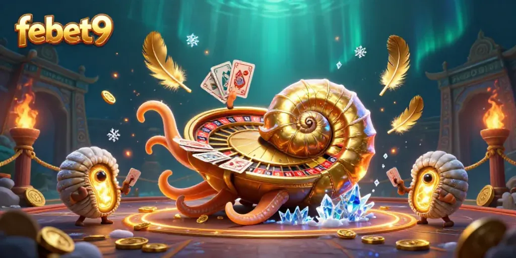 Experience thrilling gameplay at febet9 with a vibrant 3D illustration of a giant nautilus roulette wheel.