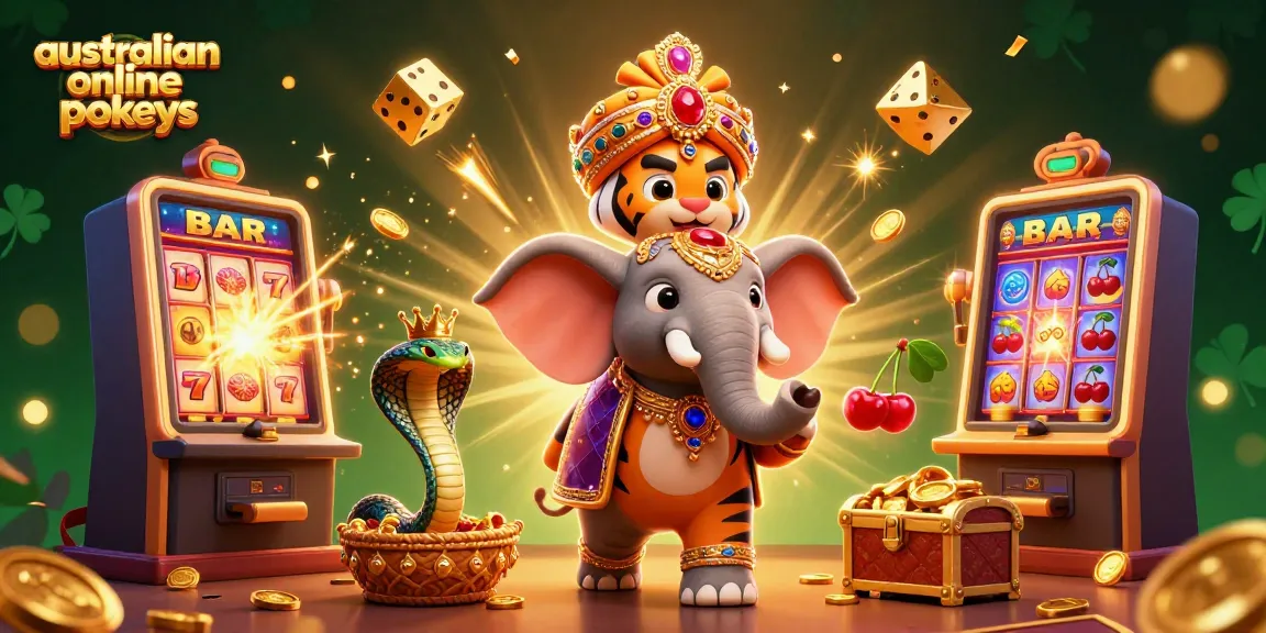 A dynamic scene of australian online pokies featuring a maharaja tiger, joyous elephant, and winning symbols.