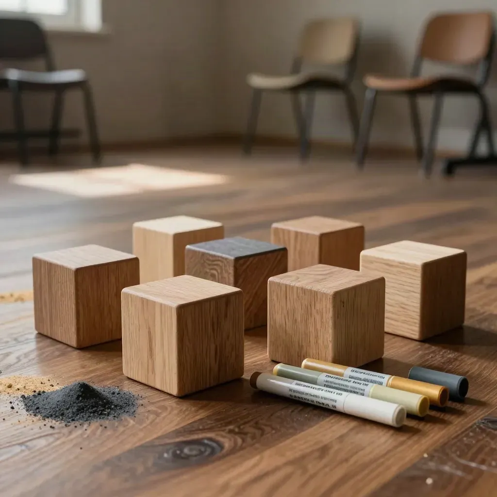 Zes houten rolblokken en vilten markers in een teamworkshop-opstelling op warme houten vloer.