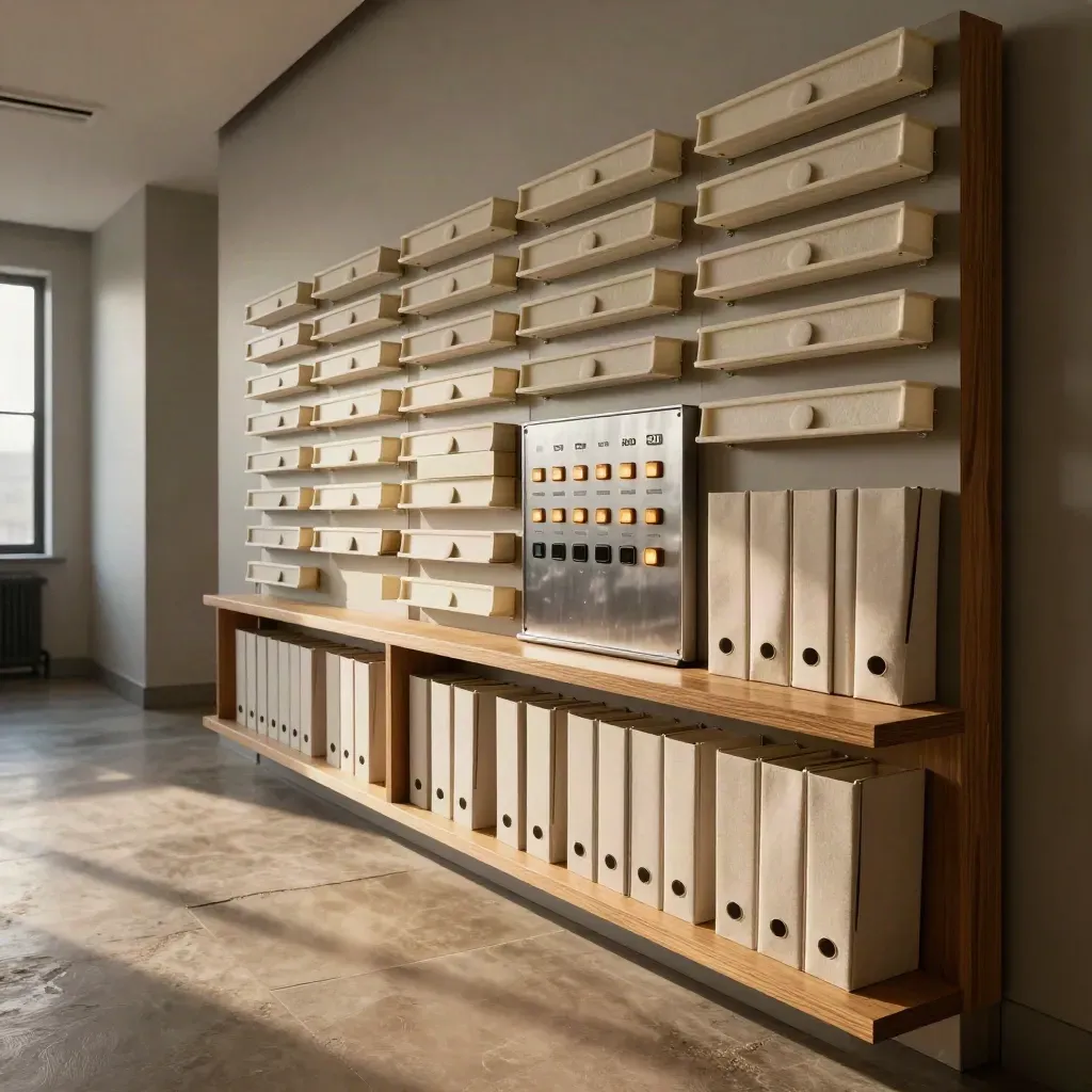 Stille servicevloer met workflow-zones, metrics console en zacht ochtendlicht.