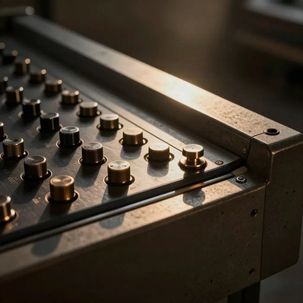 Macro van een control corner met kalibratie-tokens en een compacte metalen console.