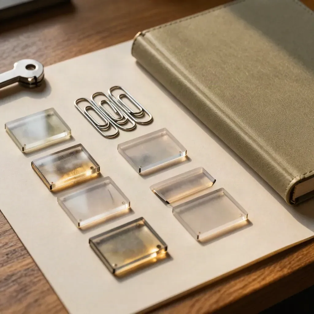 Bovenaanzicht van analysechips, paperclips en een matte ledger op een houten tafel.
