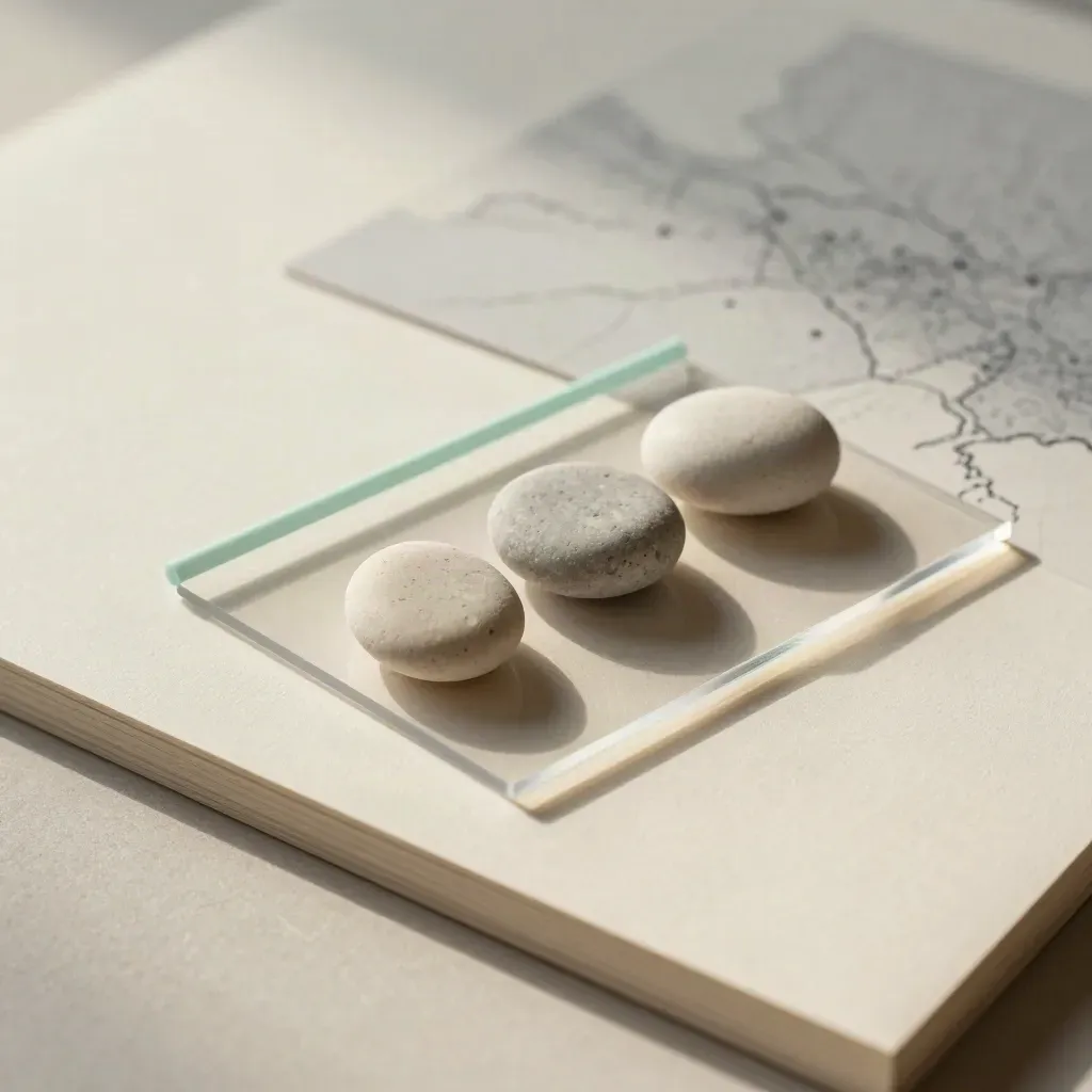 Transparante overlayvellen en mint markeerstenen op een matte map, zacht en minimalistisch.