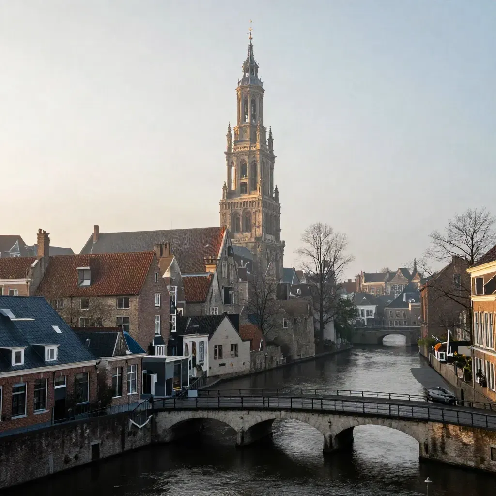 De Domtoren boven mistige Utrechtse grachten in zacht ochtendlicht.