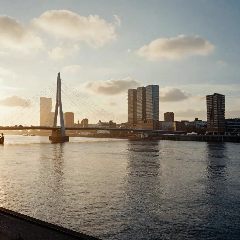 Rotterdamse skyline met de Erasmusbrug boven rustige Maas in zacht ochtendlicht en nevel.
