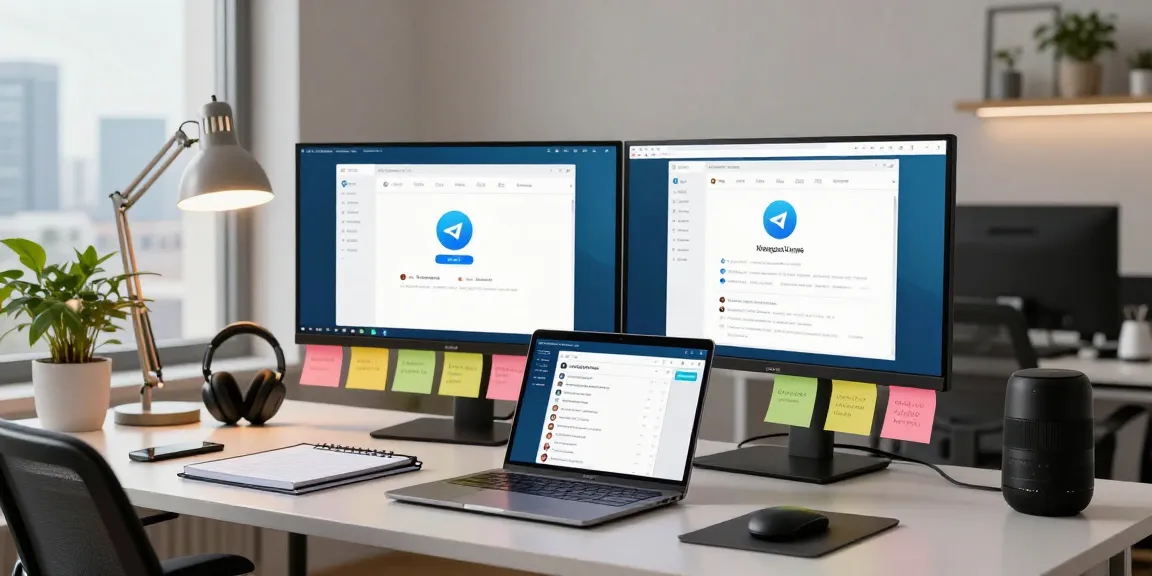 Professional using Telegram Web Version on dual monitors in a modern workspace.
