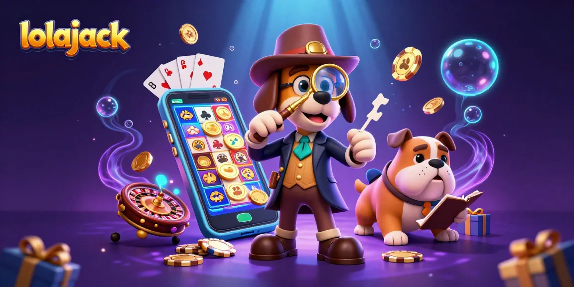 Join the exciting action at lolajack casino with a detective and dogs uncovering poker chips amidst spinning game elements.