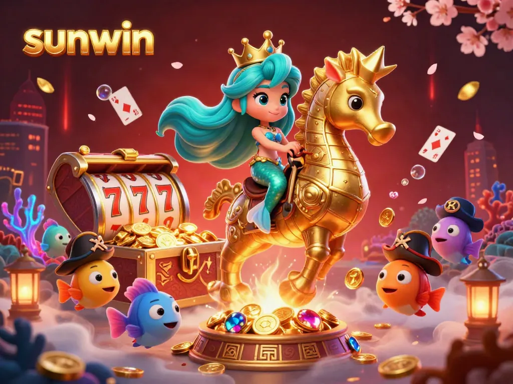 Experience the thrill of sunwin with a vibrant 3D mermaid princess and underwater casino elements.