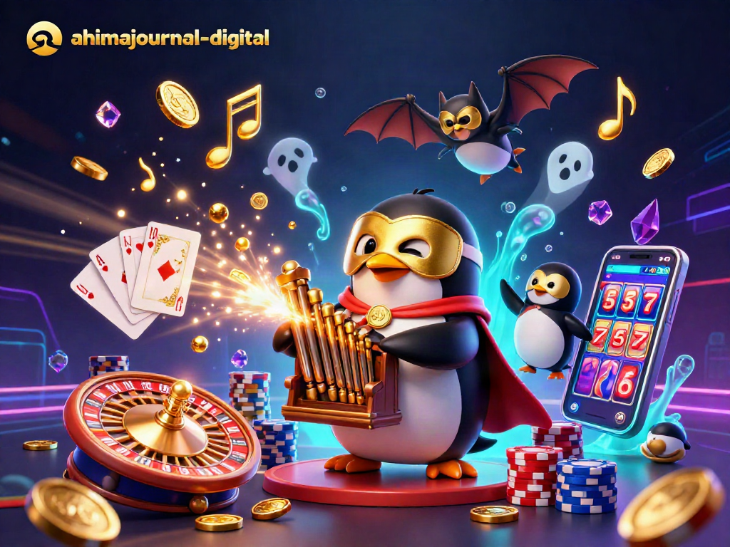 Experience thrilling slots at ahimajournal-digital with a cartoon penguin playing the organ and coins flying!