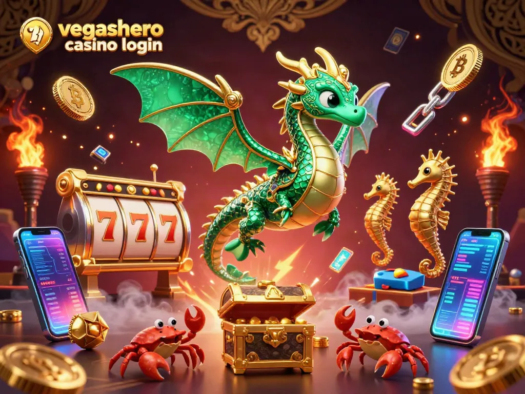 Engage in excitement with vegashero casino login, featuring a vivid sea dragon amidst slot reels and crypto elements.