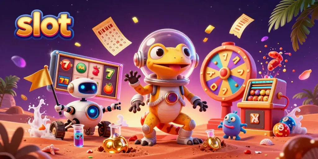 Martian gecko exploring a golden slot casino on Mars with vibrant game elements.