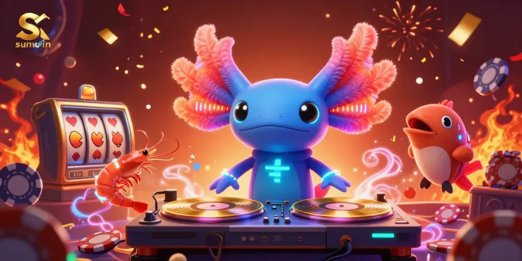 Engage with sunwin as vibrant sea creatures celebrate a casino theme in a colorful underwater party.