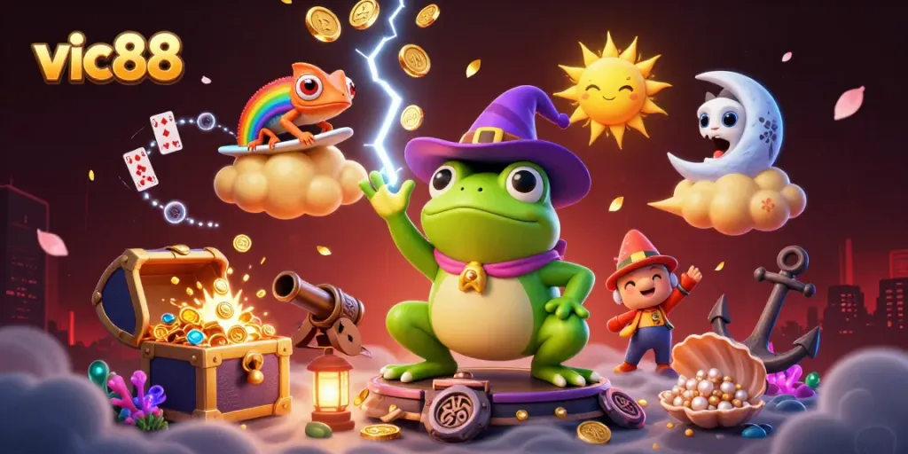 Win big with vic88 as the wizard frog unleashes coins amidst a vibrant casino scene.