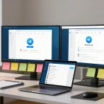 Professional using Telegram Web Version on dual monitors in a modern workspace.