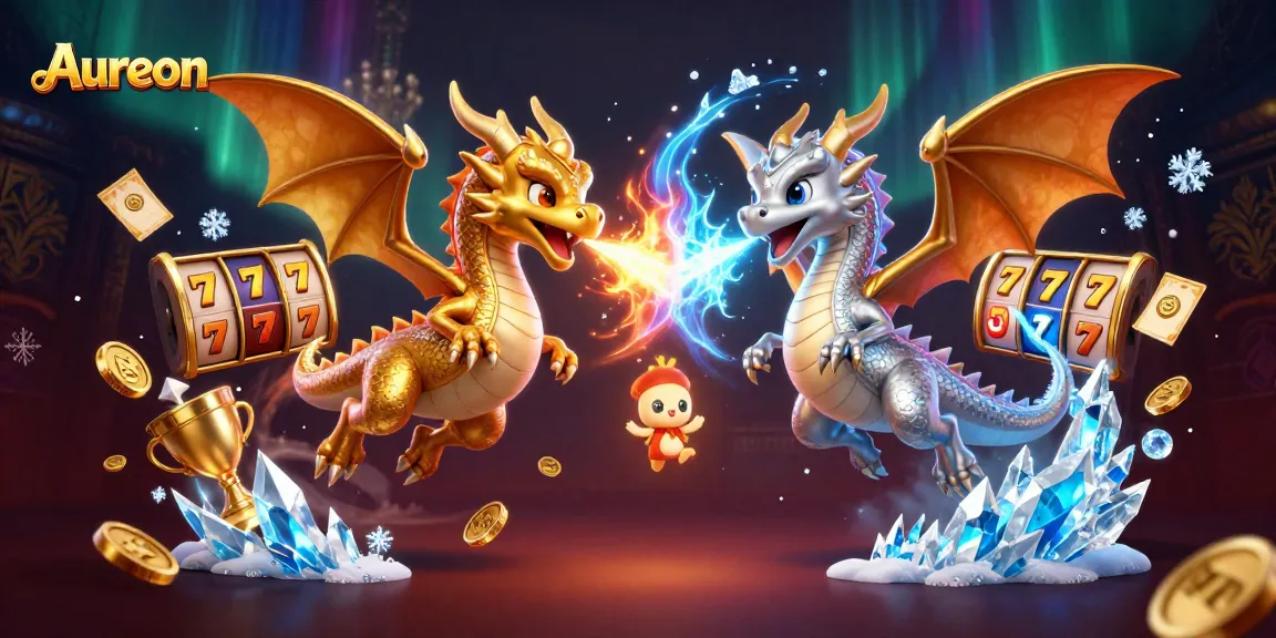 Aureon casino showcases a vibrant 3D illustration of fantasy dragons and slot gaming elements.
