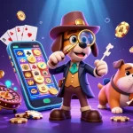 Join the exciting action at lolajack casino with a detective and dogs uncovering poker chips amidst spinning game elements.