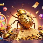 winnerisland casino illustration featuring beetles rolling golden coins amidst vibrant gaming elements