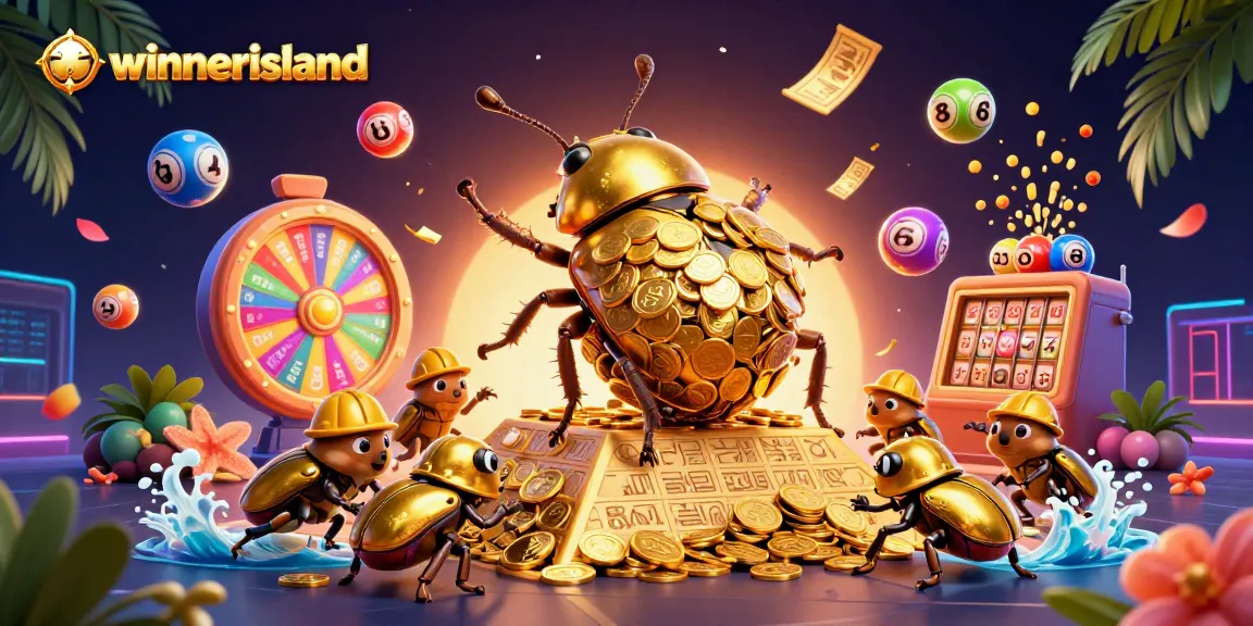 winnerisland casino illustration featuring beetles rolling golden coins amidst vibrant gaming elements