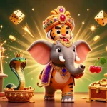 A dynamic scene of australian online pokies featuring a maharaja tiger, joyous elephant, and winning symbols.